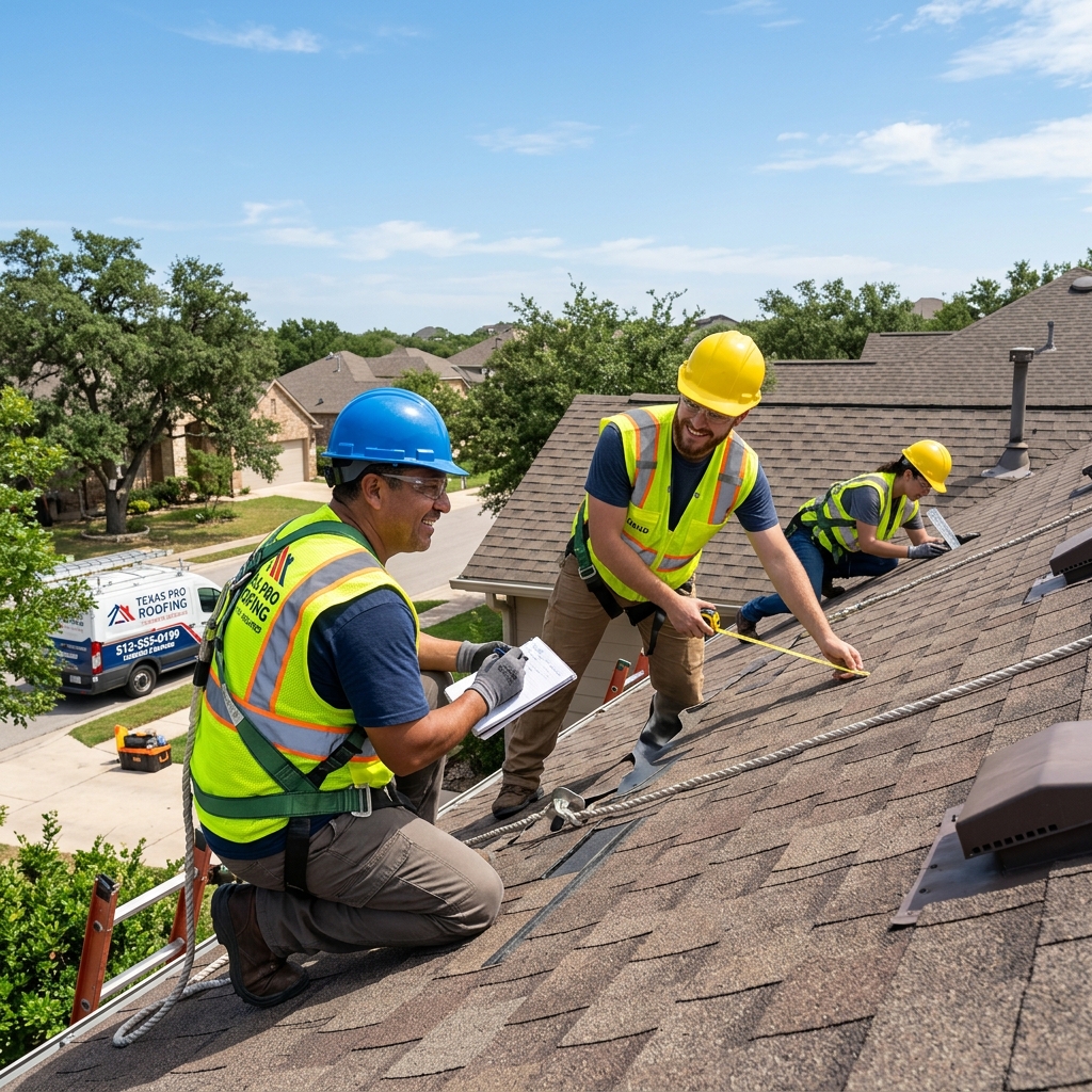 Roofing team working on a residential roof in Pasadena, TX