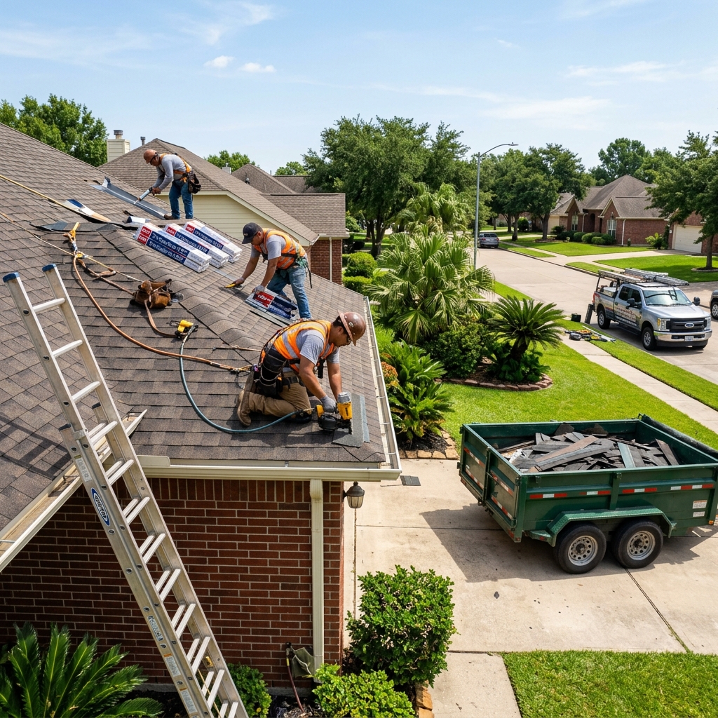 Professional roofer Pasadena TX repairing a residential roof in Pasadena, Texas