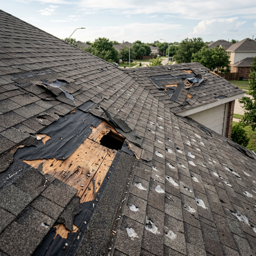 Before: Storm-damaged shingle roof in Pasadena TX